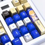 Detailed shot of Saber Excalibur metallic coating PBT dye-sub keycaps set, revealing their heroic fantasy elegance and exclusive Saber-themed design.
