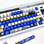 Saber Excalibur metallic coating PBT dye-sub keycaps set displayed with an elegant, heroic fantasy theme, showcasing their exclusive, premium design.