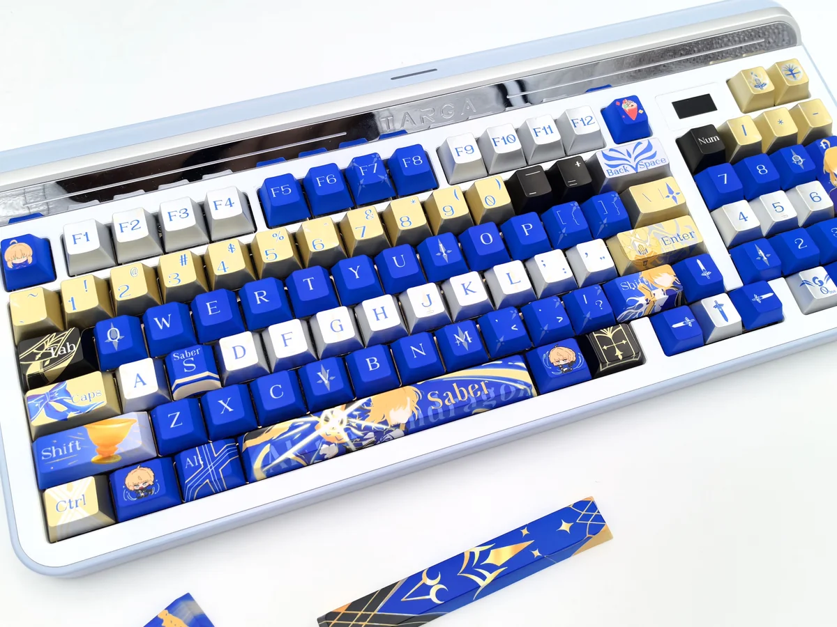 Saber Excalibur metallic coating PBT dye-sub keycaps set displayed with an elegant, heroic fantasy theme, showcasing their exclusive, premium design.