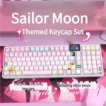 Vibrant Sailor Moon side-printed PBT keycaps set glowing, showcasing iconic anime characters and cosmic symbols on a premium mechanical keyboard.