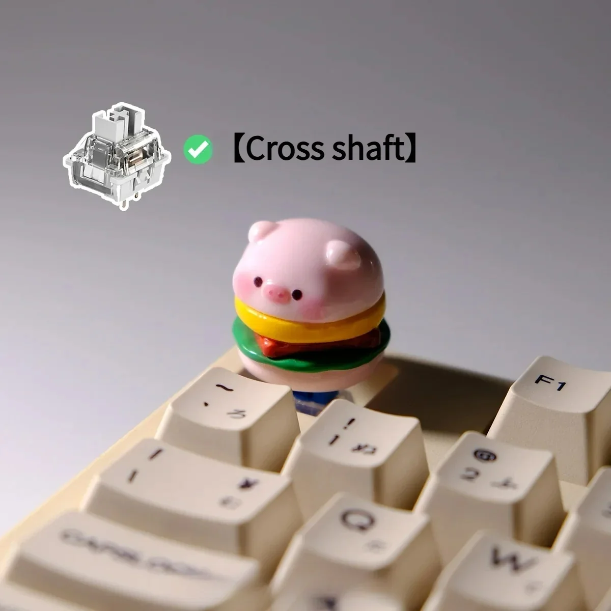 Close-up of a unique handcrafted chubby pig Sandwich keycap, showcasing its playful 3D sculpted design and vibrant details from multiple angles.