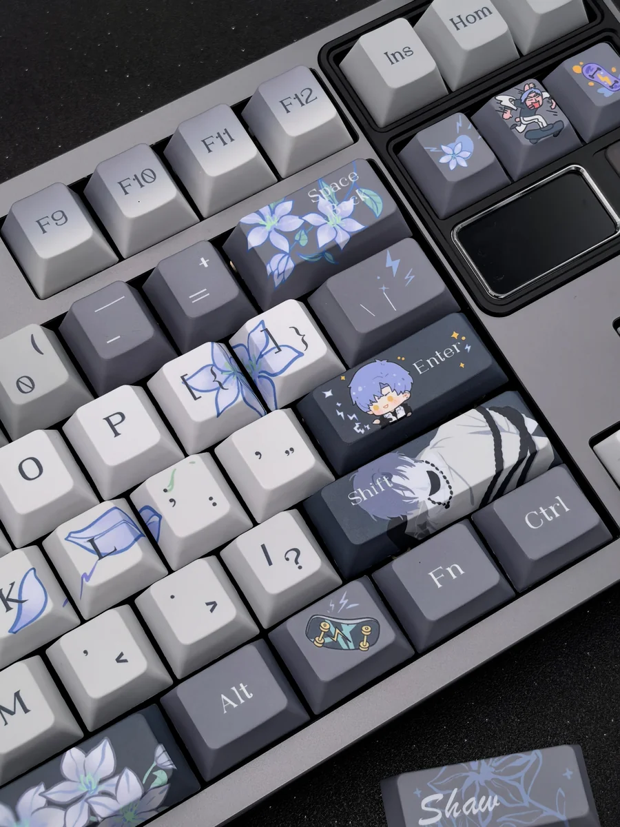 Shaw Keycap Set gallery showcasing its sleek, dark, and mysterious design from multiple angles, highlighting the exclusive character motifs.