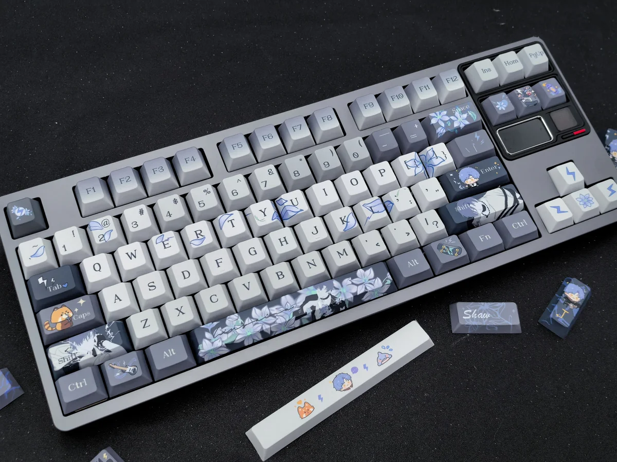 Main display of the exclusive Shaw Keycap Set, a sleek, dark, and mysterious artistic tribute showcasing unique character motifs.