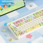 Close-up of a vibrant Shin-chan PBT dye-sub keycap set, showcasing mischievous Crayon Shin-chan characters and crisp, durable legends from a playful angles.