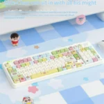 Playful Shin-chan PBT dye-sub keycap set, various angles. Vibrant Crayon Shin-chan characters, crisp on durable PBT.