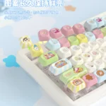 Close-up view of the playful Shin-chan PBT dye-sub keycap set, showcasing vibrant cartoon characters from various angles with crisp, durable details.
