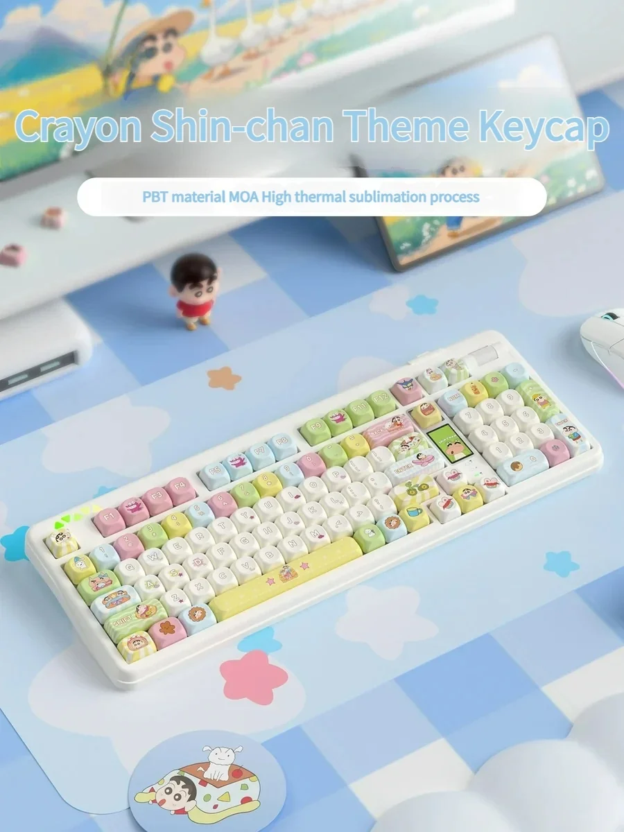 Playful Shin-chan keycap set in vibrant PBT dye-sub, showing beloved Crayon Shin-chan characters adding mischievous fun to your keyboard.