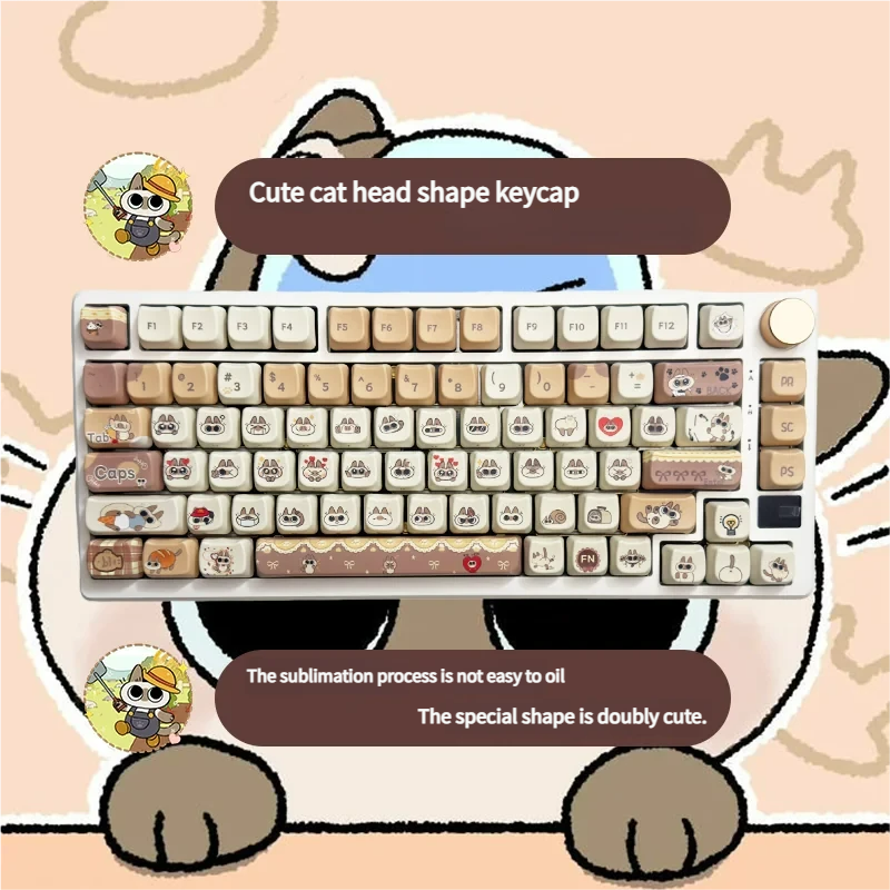 Adorable Siamese cat PBT keycap set showcasing vibrant dye-sub illustrations from multiple angles, highlighting premium durability and playful design.