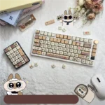 Adorable Siamese cat PBT keycaps set. Unique dye-sublimated designs of playful Siamese cats in warm, soft colors on durable PBT, shown from various angles.