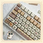 Adorable Siamese cat PBT keycap set shown from various angles, highlighting the unique dye-sub illustrations and durable PBT material with warm, soft.