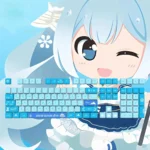 Exclusive Snow Hatsune Miku PBT dye-sub keycaps set. Icy blue, white, purple Winter Dream palette, character art and snowflakes shown from many angles.