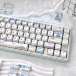 Whimsical snowman mechanical keycaps from various angles, showing playful blue and white winter wonderland with charming snowmen and snowflakes.
