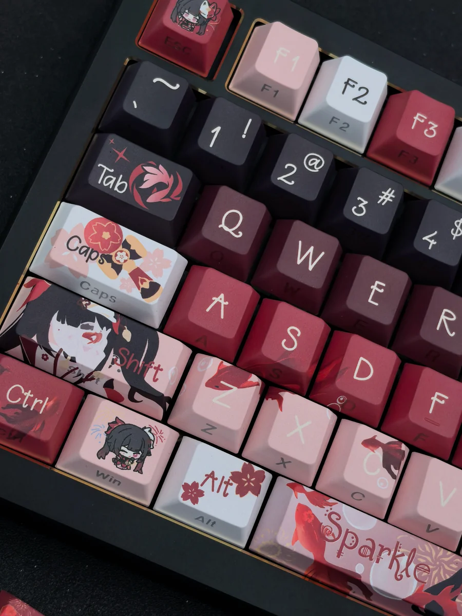 A gallery of Sparkle Keycaps Set for Honkai Star Rail, showcasing various angles of the vibrant, side-engraved legends and mischievous character art.
