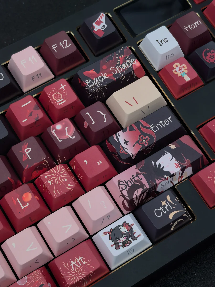 A playful close-up of the exclusive Sparkle Honkai Star Rail side-engraved keycaps set, highlighting their vibrant colors and distinctive character art.