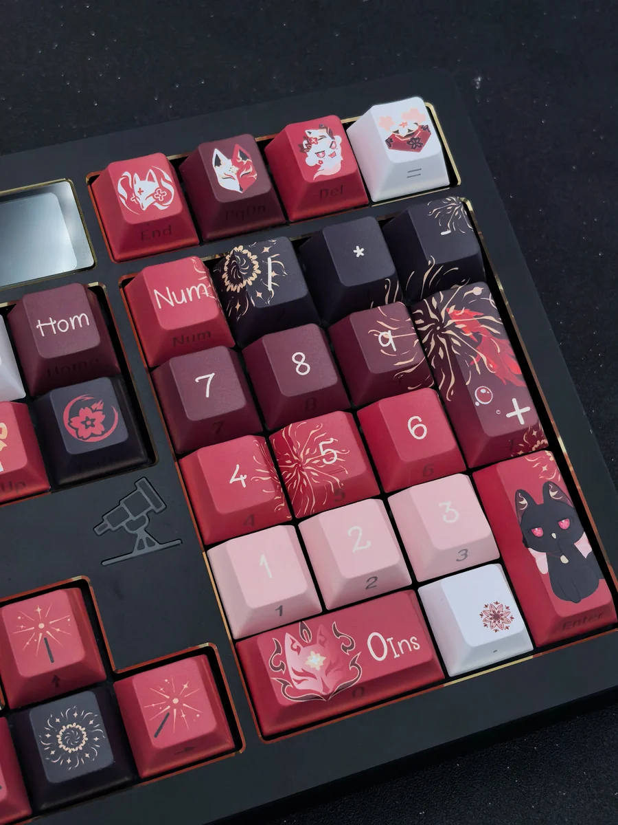 Close-up of vibrant Sparkle Keycaps Set for Honkai Star Rail, showcasing mischievous character art and distinctive side-engraved legends from multiple angles.