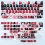 Close-up of vibrant Sparkle Keycaps Set from Honkai Star Rail, showcasing mischievous side-engraved character art and vivid colors from a unique angle.