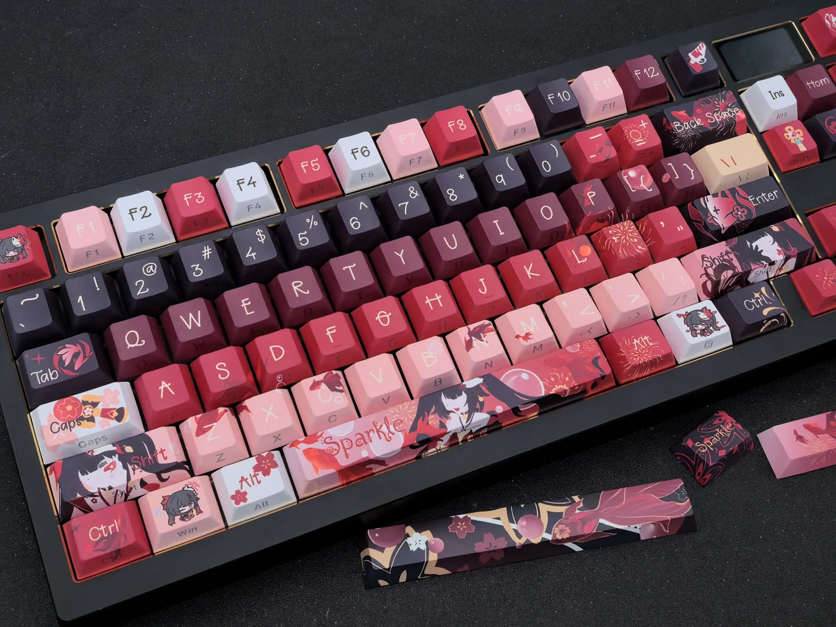 Vibrant Sparkle Keycaps set for Honkai Star Rail, showcasing mischievous character art and exclusive side-engraved legends. A premium, playful set for gamers.