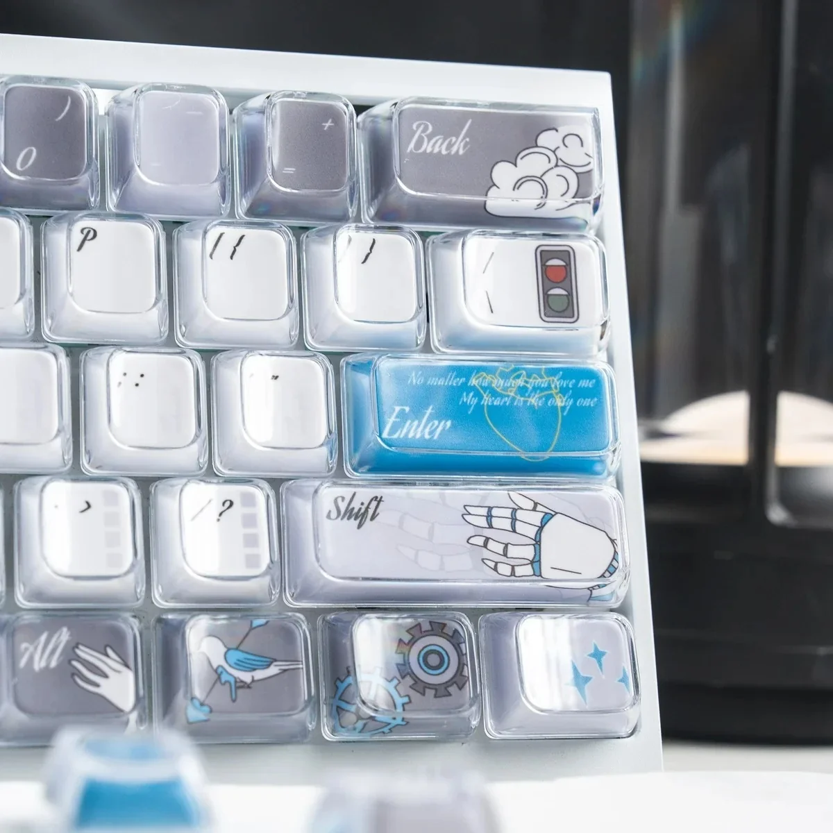 Spiritual Inspiration MDA PBT+PC keycaps set displayed from a unique angle, highlighting their ergonomic profile and serene abstract cosmic design.