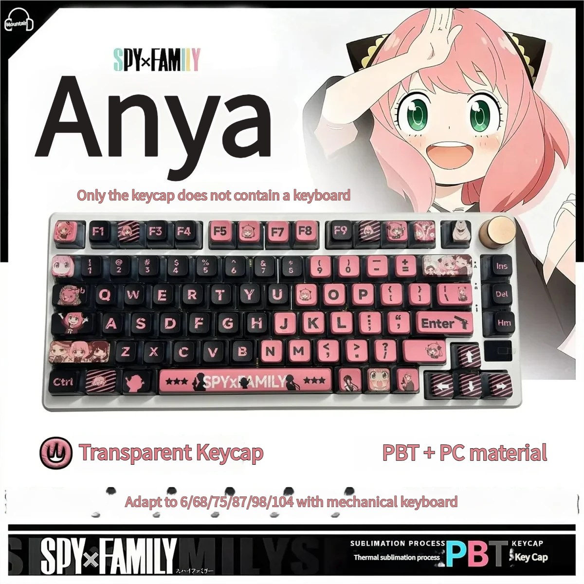 Vibrant Spy x Family PBT dye-sub backlit keycaps set featuring Anya, Loid, and Yor, glowing playfully on a mechanical keyboard.