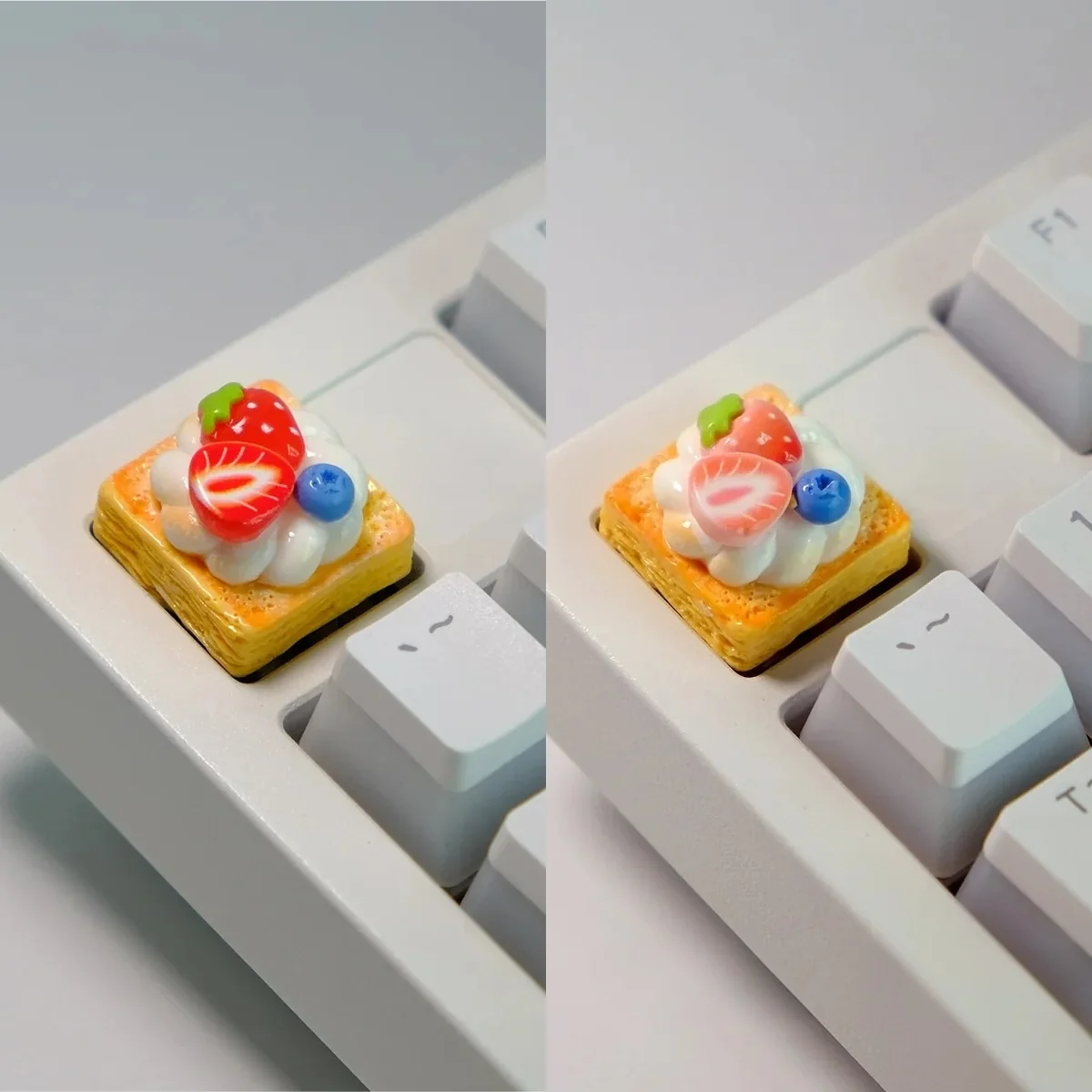 Handmade strawberry mille-feuille artisan keycap, a hyper-realistic dessert art piece with vibrant pink and cream layers.