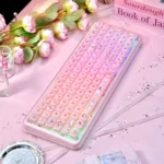 Playful Stylish X100Pro Tri-Mode Membrane Keyboard from various angles, featuring silent tri-mode connectivity, charming cat-inspired design, and soft pastel keys.