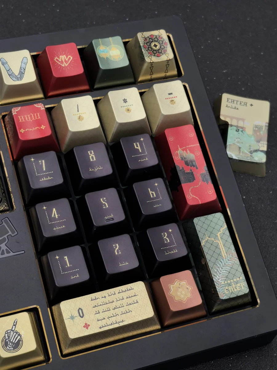 Multiple views of the Sultan's Game Keycap Set, showcasing its handcrafted exotic metallic coating design, premium finish, and opulent Arabian aesthetic.