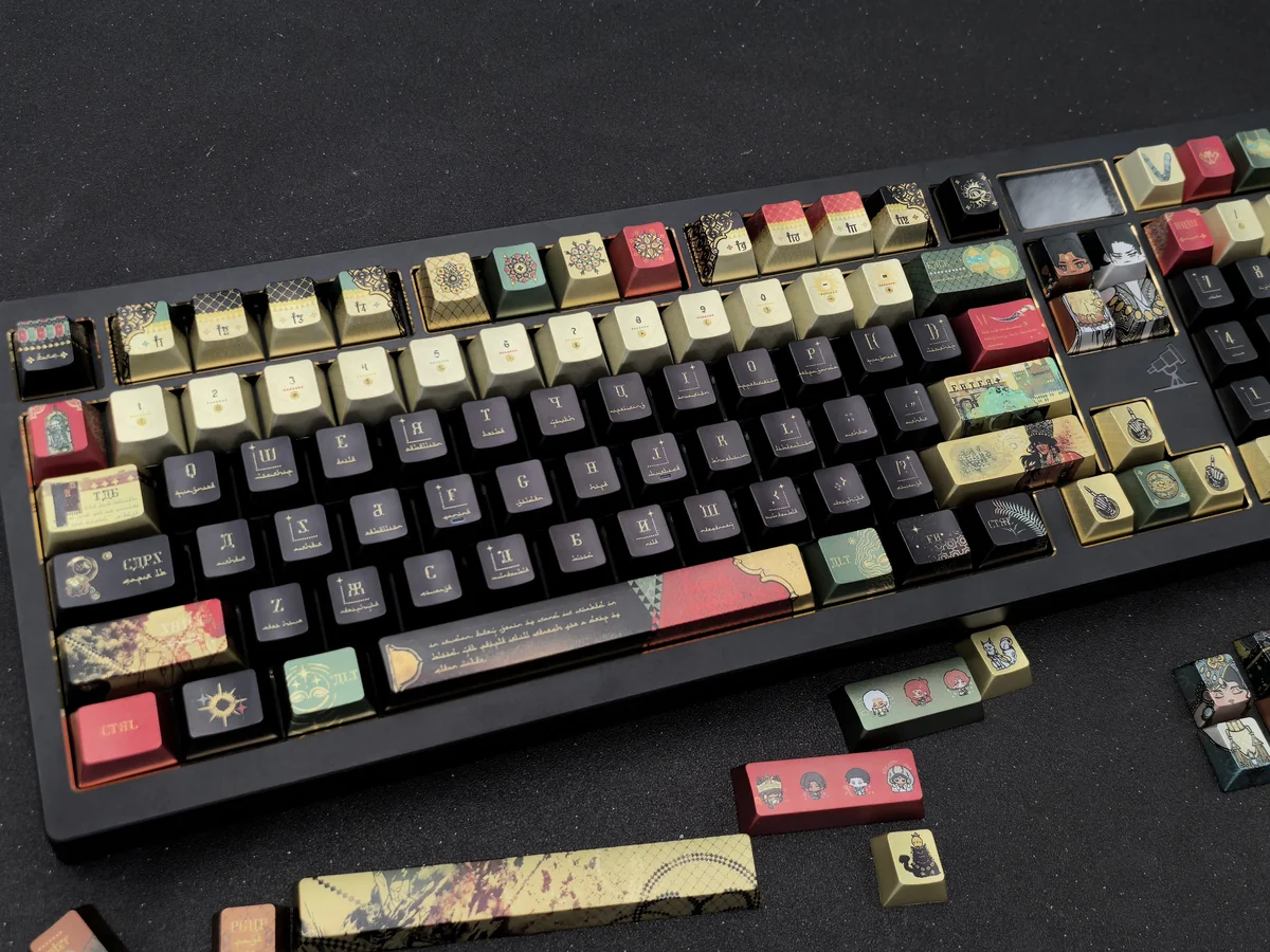 Exotic Sultan's Game Keycap Set, a unique handcrafted PBT with metallic coating artisan collectible showcasing rich metallic hues and intricate ancient Arabian game motifs.