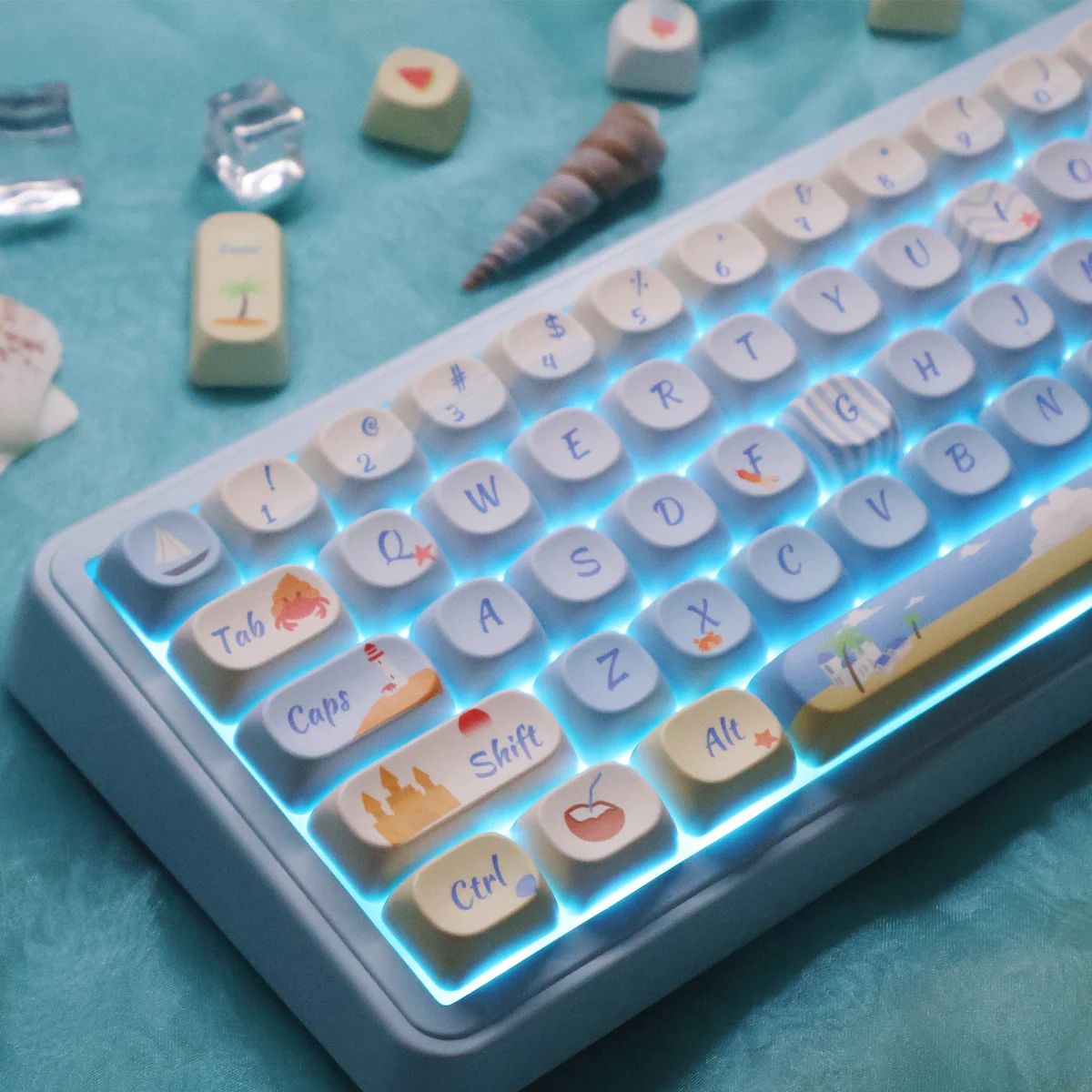 Artistic gallery of Serene Summer Beach PBT dye-sub keycaps set from various perspectives, displaying vibrant ocean themes and durable, high-quality PBT.