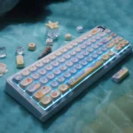 Artistic PBT dye-sublimated keycaps set capture a serene summer beach, showcasing vibrant azure and sun-drenched motifs from a detailed angle.
