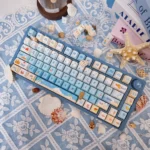 A small full set of opaque PBT dye-sub keycaps set, depicting a vibrant, serene summer beach scene with sun-drenched sands and azure oceans.