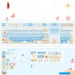 Serene Summer Beach PBT dye-sub keycaps set, featuring vibrant ocean hues and unique side light-transmitting legends for an artistic, illuminated keyboard.