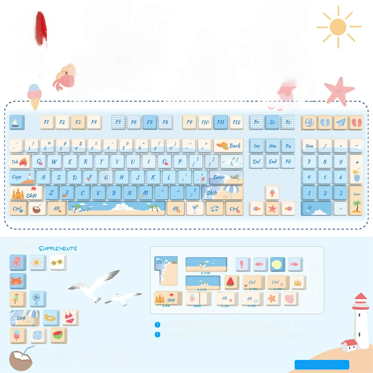 Serene Summer Beach PBT dye-sub keycaps set, featuring vibrant ocean hues and unique side light-transmitting legends for an artistic, illuminated keyboard.