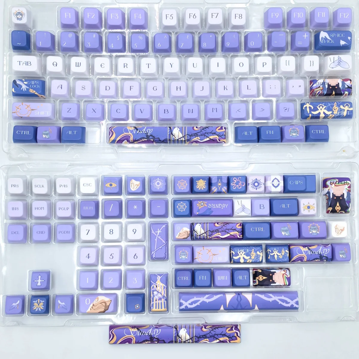 Artisan Sunday Impressionist MDA profile keycaps set displayed from various angles, revealing their handcrafted painterly landscapes and soft, artistic hues.