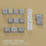 Durable PBT Super Retro keycaps set with vibrant dye-sub pixel art of iconic retro characters. Premium quality, nostalgic. All angles.