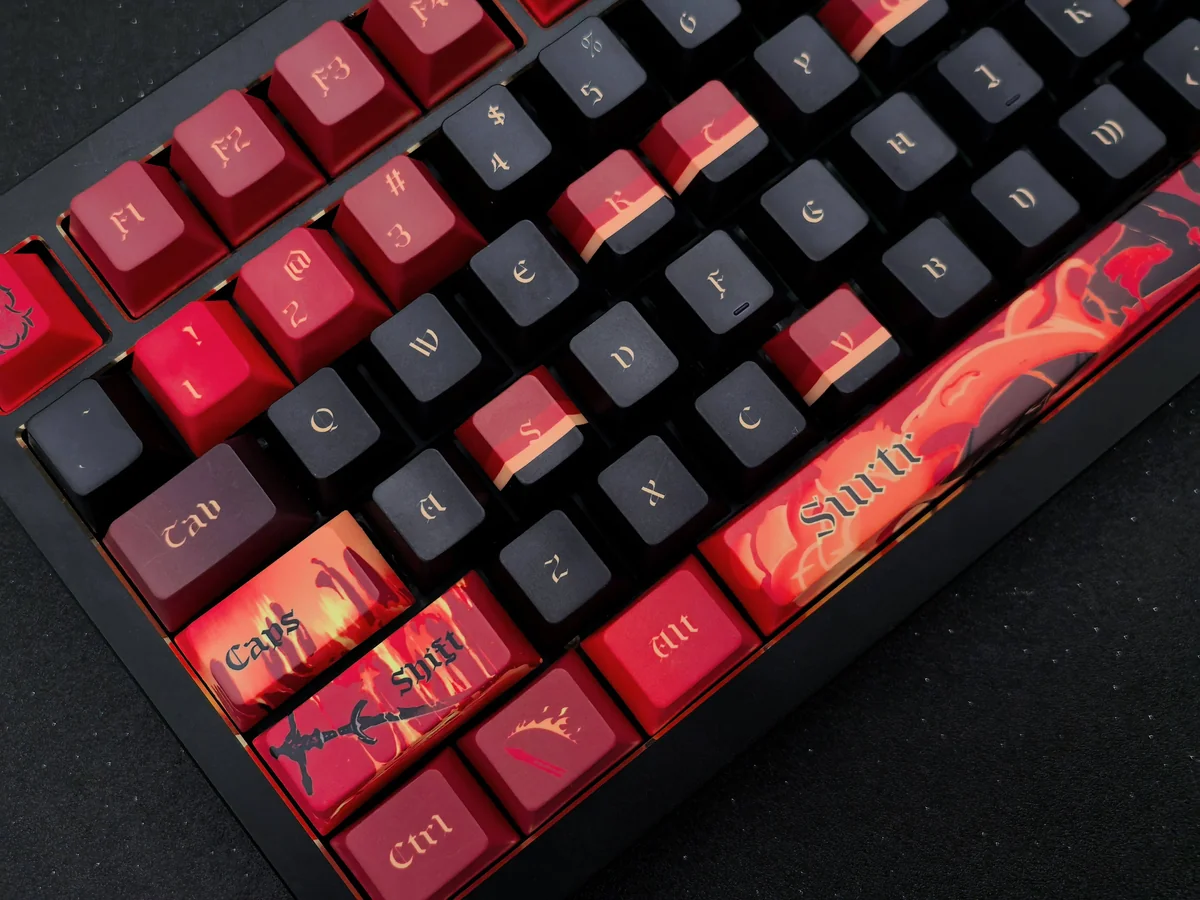 Gallery view of the exquisite handcrafted Fiery Surtr Keycap Set, revealing its intricate molten lava textures and powerful demonic aesthetic from various angles.