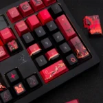 Close-up side view of the exquisite handcrafted Fiery Surtr artisan keycap set, showcasing its molten lava textures and powerful demonic design.