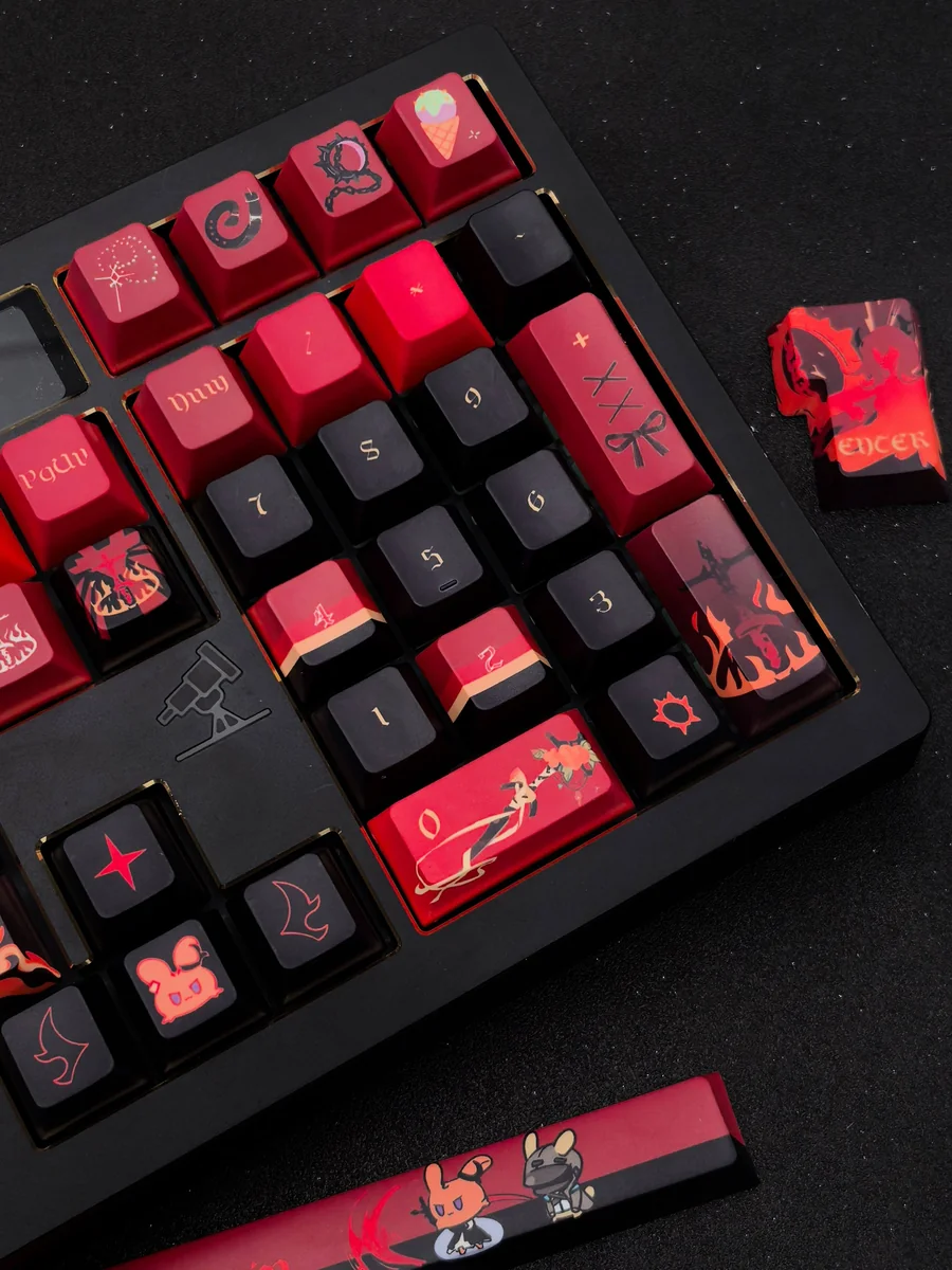 Close-up side view of the exquisite handcrafted Fiery Surtr artisan keycap set, showcasing its molten lava textures and powerful demonic design.