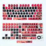 Close-up of the exquisite handcrafted Fiery Surtr artisan keycap set, showcasing its molten lava textures and powerful demonic aesthetic from a dynamic angles.
