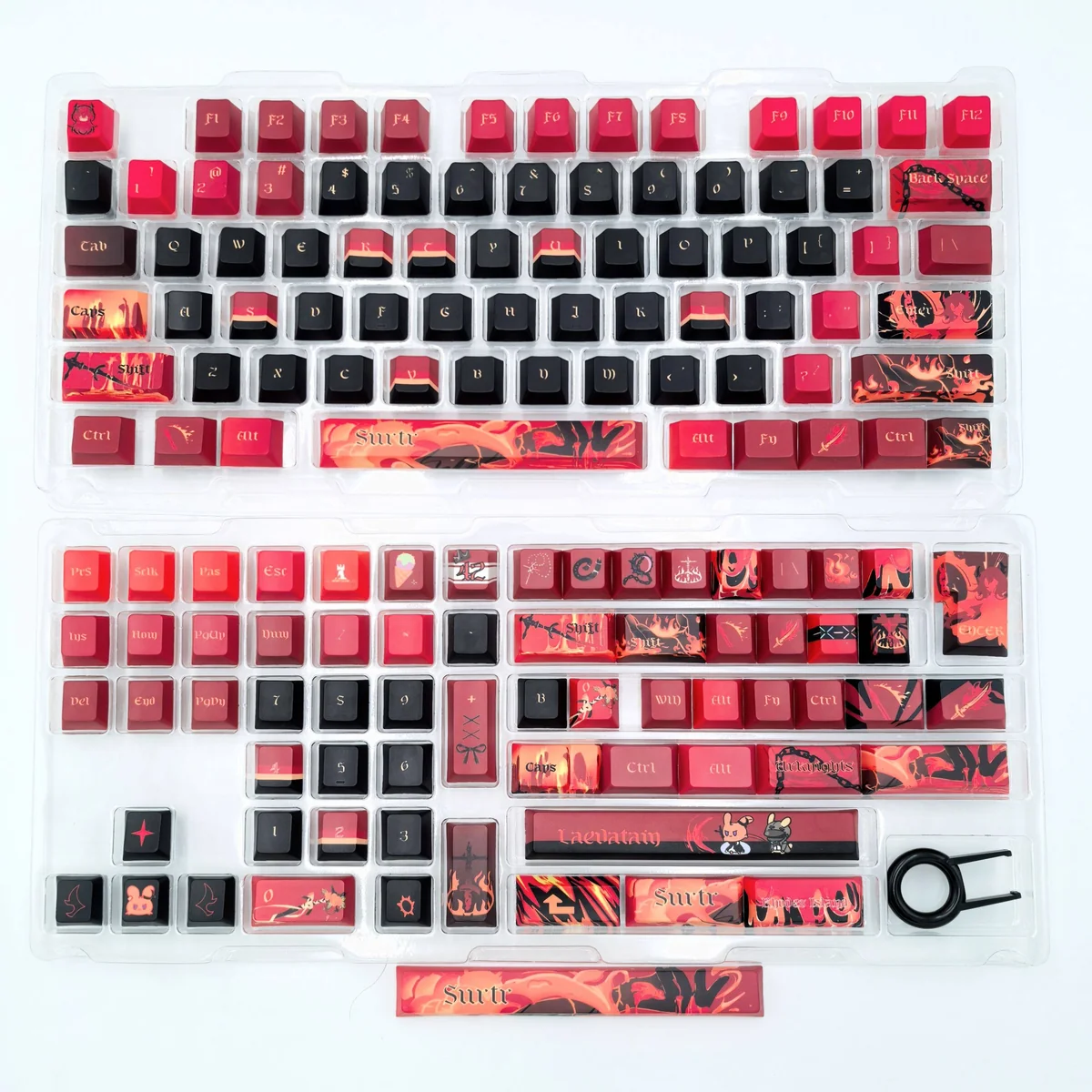 Close-up of the exquisite handcrafted Fiery Surtr artisan keycap set, showcasing its molten lava textures and powerful demonic aesthetic from a dynamic angles.