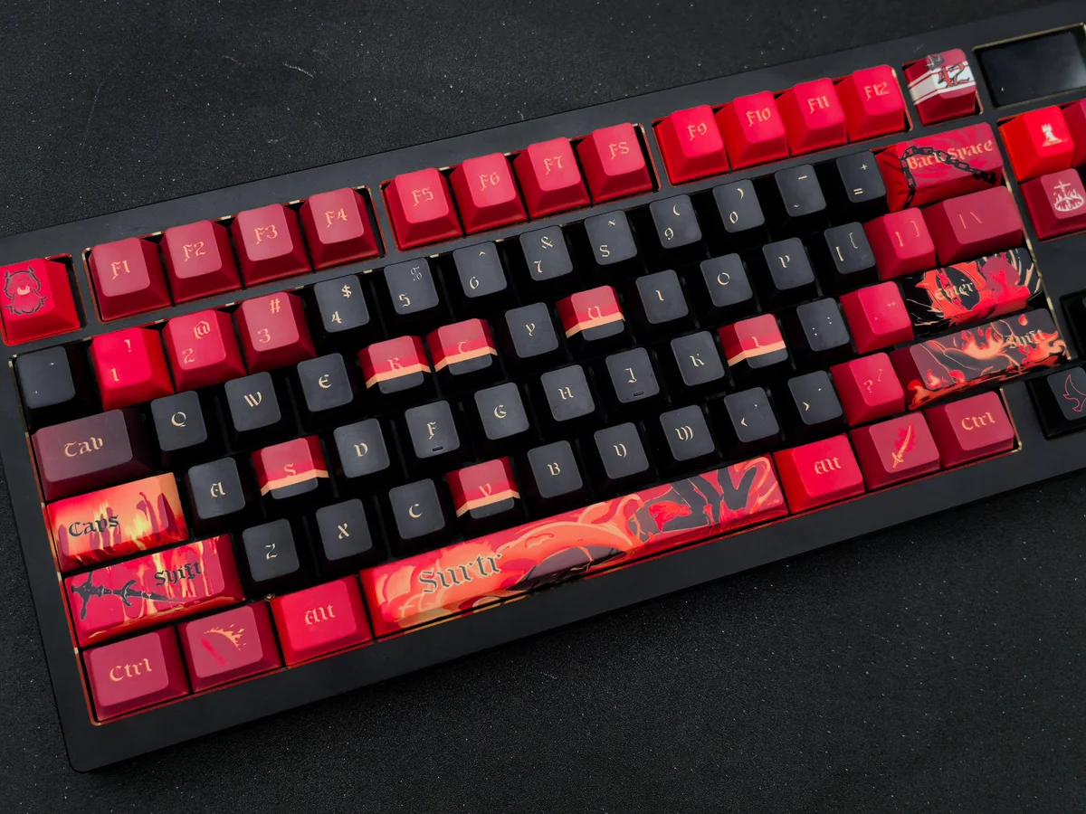 Main image of a handcrafted Fiery Surtr keycap set, exquisitely detailed with molten lava textures, embodying demonic power for your keyboard.