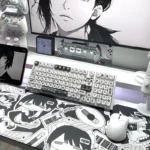 Whimsical Ghibli Susuwatari PBT dye-sub keycaps set, showing various angles. Dark background, playful Soot Sprites for a nostalgic keyboard.