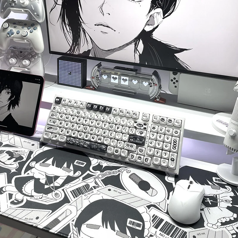 Whimsical Ghibli Susuwatari PBT dye-sub keycaps set, showing various angles. Dark background, playful Soot Sprites for a nostalgic keyboard.