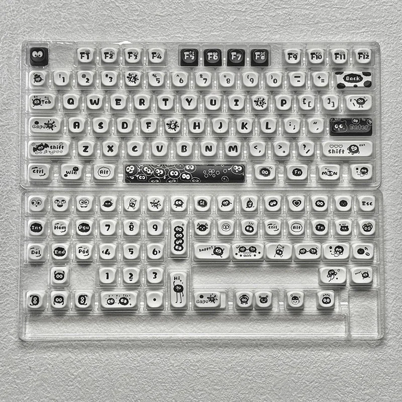 A gallery of whimsical Ghibli Susuwatari PBT Dye-sub keycaps set, showing enchanting characters from multiple angles against a minimalist backdrop.