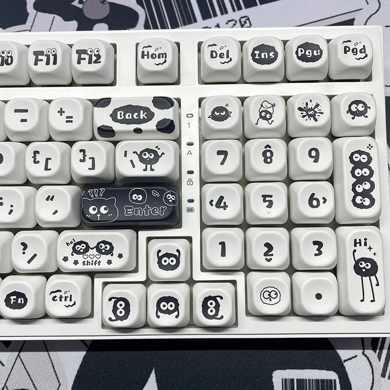 Whimsical Ghibli Susuwatari PBT dye-sub keycaps set, showing various angles. Dark background, playful Soot Sprites for a nostalgic keyboard.
