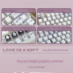 Close-up views of the handcrafted Ethereal Swan Realm Keycap Set, showcasing its translucent amber and deep purple layers from various angles.