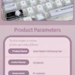 Multiple views of the handcrafted Ethereal Swan Realm Keycap set, showcasing its translucent amber and deep purple double-layer design with an intricate design.