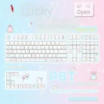 A whimsical collection of Sweet Marshmallow PBT dye-sub keycaps set, displayed from multiple angles. Features soft pastel hues for a cozy, playful aesthetics.