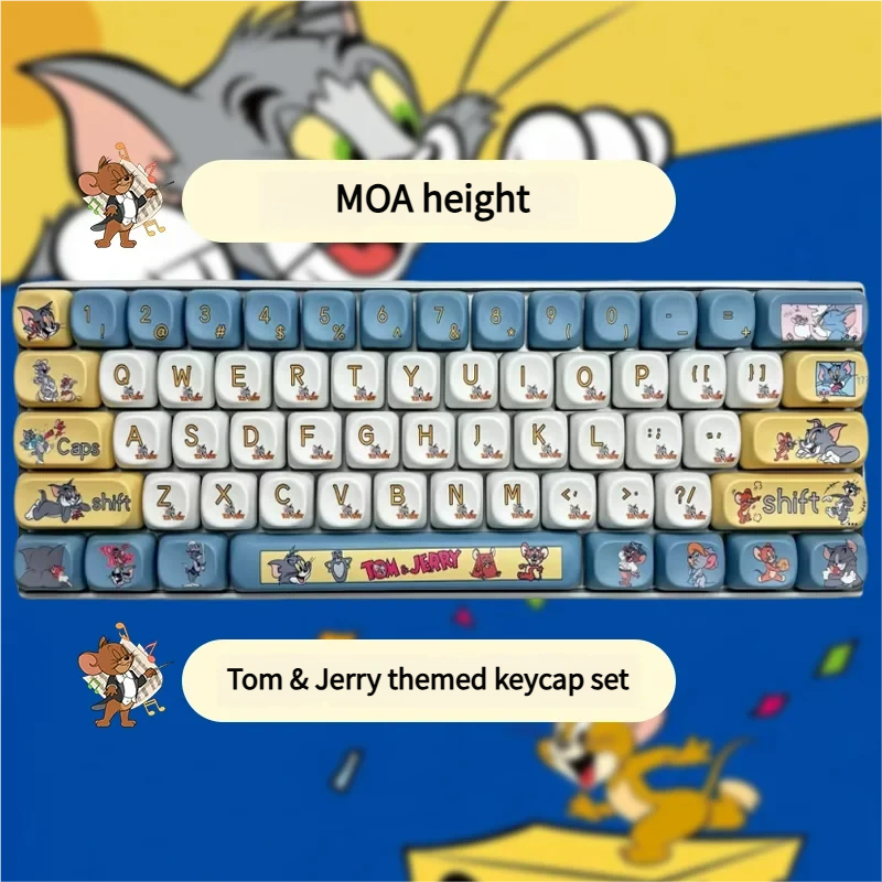 A vibrant Tom & Jerry PBT Dye-Sub 108-keycap set, showcasing playful characters and durable MOA profile keys from a dynamic angle.