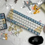 Vibrant Tom & Jerry PBT Dye-Sub keycap set, featuring iconic cartoon characters across 108 keys with a uniform MOA profile, viewed from a playful angles.