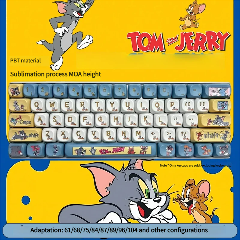 Vibrant Tom & Jerry PBT Dye-Sub keycaps set showcasing iconic characters on a full 108-key MOA profile set for playful keyboard customization.